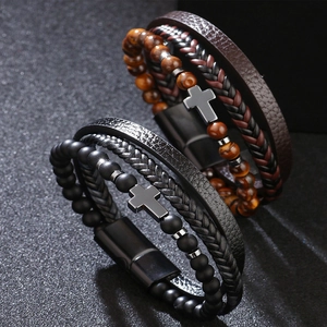 Bracelet Multi Couches Homme Cuir De Vachette Véritable Pierre Oeil De Tigre Pendentif Croix Acier Inoxydable Punk