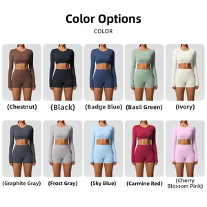 Grid view of 10 color options for long sleeve yoga top and high waist sports shorts