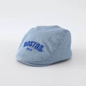 Detail of Boston 1630 3D embroidery on light blue denim newsboy cap for babies