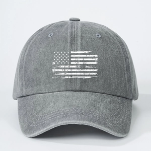 Washed dark grey baseball cap with distressed American flag print and adjustable strap