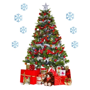 Albero di Natale decorato con palline rosse dorate e regali su sfondo bianco puro