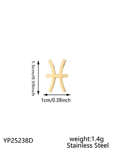 Detailed specs of gold Pisces zodiac charm with 1.5cm height and stainless steel texture