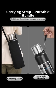 Detail of vacuum insulated bottle with adjustable shoulder strap and nylon handle