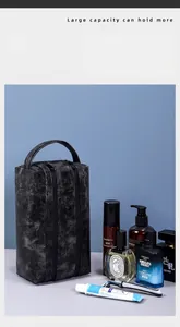 Detail view of large capacity marble pattern PU leather toiletry bag for men