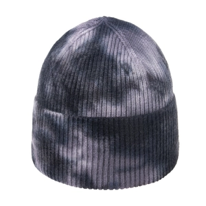 Detailed close-up showing the ribbed texture and tie-dye pattern of the grey knit beanie