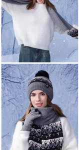Detail of grey winter knit set with pom-pom beanie, jacquard scarf and matching gloves
