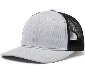 Detailed side view of a breathable mesh trucker hat with gray cotton and black nylon mesh