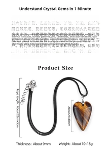 Detail view of heart-shaped tiger eye stone pendant with size measurements and cord