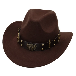 Detail of brown western cowboy hat featuring leather band with vintage metal rivets and eagle shield