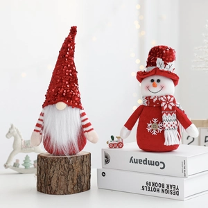 Christmas plush gnome and snowman set with red sequins on wooden stand decor