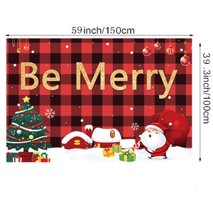 Christmas Be Merry banner detail with 150x100cm size specs on red buffalo plaid fabric
