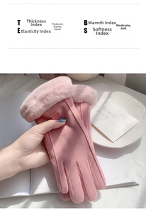 Detail of pink winter gloves featuring thick faux fur cuffs and soft suede fabric