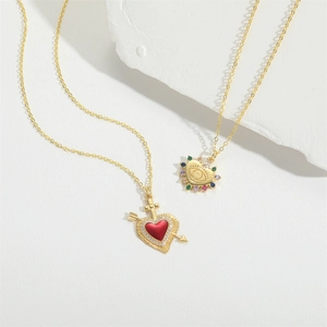 Golden Sacred Heart and Evil Eye pendants necklace set with colorful zircon stones