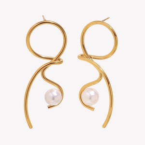 18K gold plated knotted metal earrings with white pearls on a minimalist white background