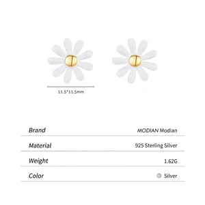 S925 sterling silver daisy stud earrings with white petals and golden center 11.5mm