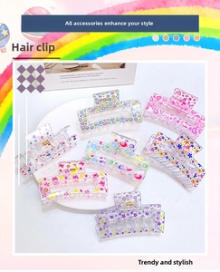 Detail view of 7-piece transparent acrylic hair claw clips with colorful floral and heart prints