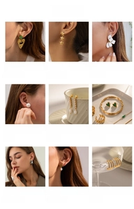 Collection of gold earrings including stars, hearts and pearls in a grid view