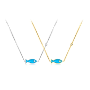 Silver and gold S925 fish pendants with blue enamel and sparkling zircon accents