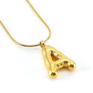 Golden puffy bubble letter A pendant on a sleek snake bone chain necklace for women