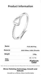 Detailed view of S925 sterling silver heart ring with cubic zirconia stone and size chart