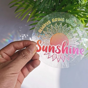 Sunflower suncatcher sticker with Always Bring Your Own Sunshine holographic text
