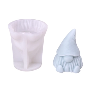 White silicone mold with a 3D gnome finished candle showing classic pointed hat and beard