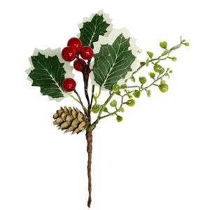 Artificial Christmas berry branch with red berries, pine cones and green holly leaves
