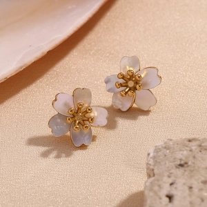 Vintage 18K gold plated stainless steel cherry blossom earrings with white mother of pearl