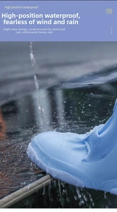 Detail of light blue high-tube waterproof shoe cover under running water flow