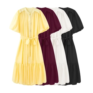 Elegant tiered ruffed midi dress with puff sleeves and waist belt in multiple colors