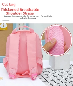Detail of thickened breathable pink mesh shoulder straps on kids bear backpack