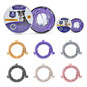 Detail of 8-month waterproof flea and tick collars in six assorted colors with metal case
