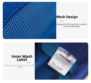 Détail du chapeau de soleil bleu montrant le mesh respirant et l'étiquette 100% nylon