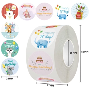 Detailed view of 25mm cartoon Happy Birthday roll stickers for gift packaging decoration