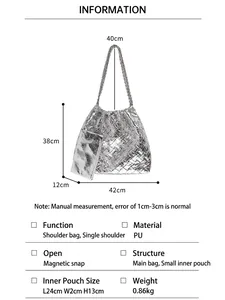 Silver metallic woven tote bag with chain strap and matching small pouch in PU leather