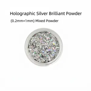 Macro detail of laser silver nail glitter mix in a clear jar on white background