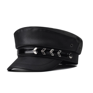 Women Black PU Leather Military Hat Flat Top Sailor Cap With Silver Arrow Rivets Vintage Retro Fashion Streetwear