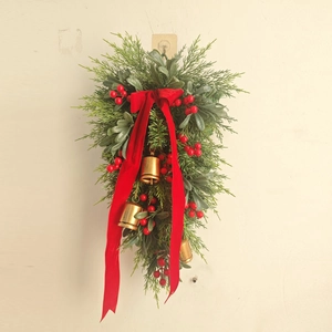 Christmas Teardrop Swag Front Door Hanging Decoration Faux Pine Branches Red Berries Gold Bells Velvet Bow Holiday Ornament