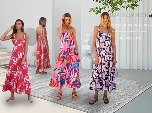 Detail showing four vibrant floral print patterns for the summer cruise sun dresses