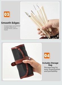 Clay carving tools with wooden handles and a portable canvas storage bag for pottery