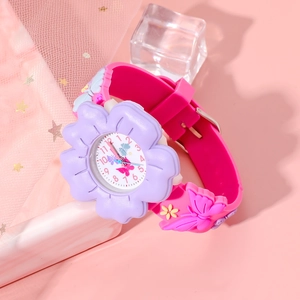 Macro view of purple flower watch dial and magenta silicone strap with butterfly relief