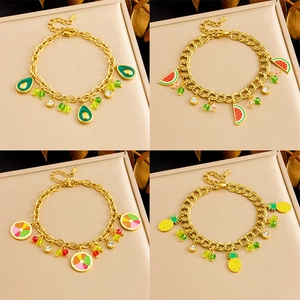 Stainless Steel Fruit Pendant Bracelet Enamel Avocado Watermelon Pineapple Lemon Colorful Crystal Summer Jewelry Women