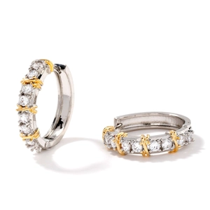 Two-tone silver and gold hoop earrings with zircon stones and X-shaped cross design