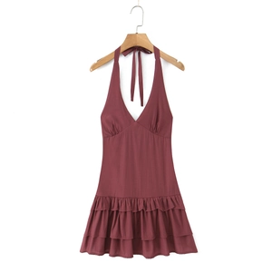 Deep red halter neck summer dress with sexy backless design and layered ruffle hem