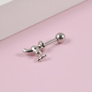 Detailed view of silver faucet stud earring with stainless steel screw ball back design