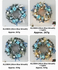 Detail of blue and white Christmas wreath with cotton balls and LED lights