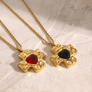 Gold stainless steel cross necklaces with hammered texture and heart stone pendants
