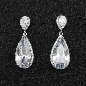 Elegant water-drop dangle earrings with pear-cut halo stones in a silver-tone setting