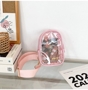 Detailed view of pink transparent PVC crossbody bag with wide strap and gold hardware