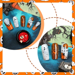 Detailansicht der Halloween-Nägel zum Aufkleben mit Geist-, Kürbis- und Spinnennetzmustern